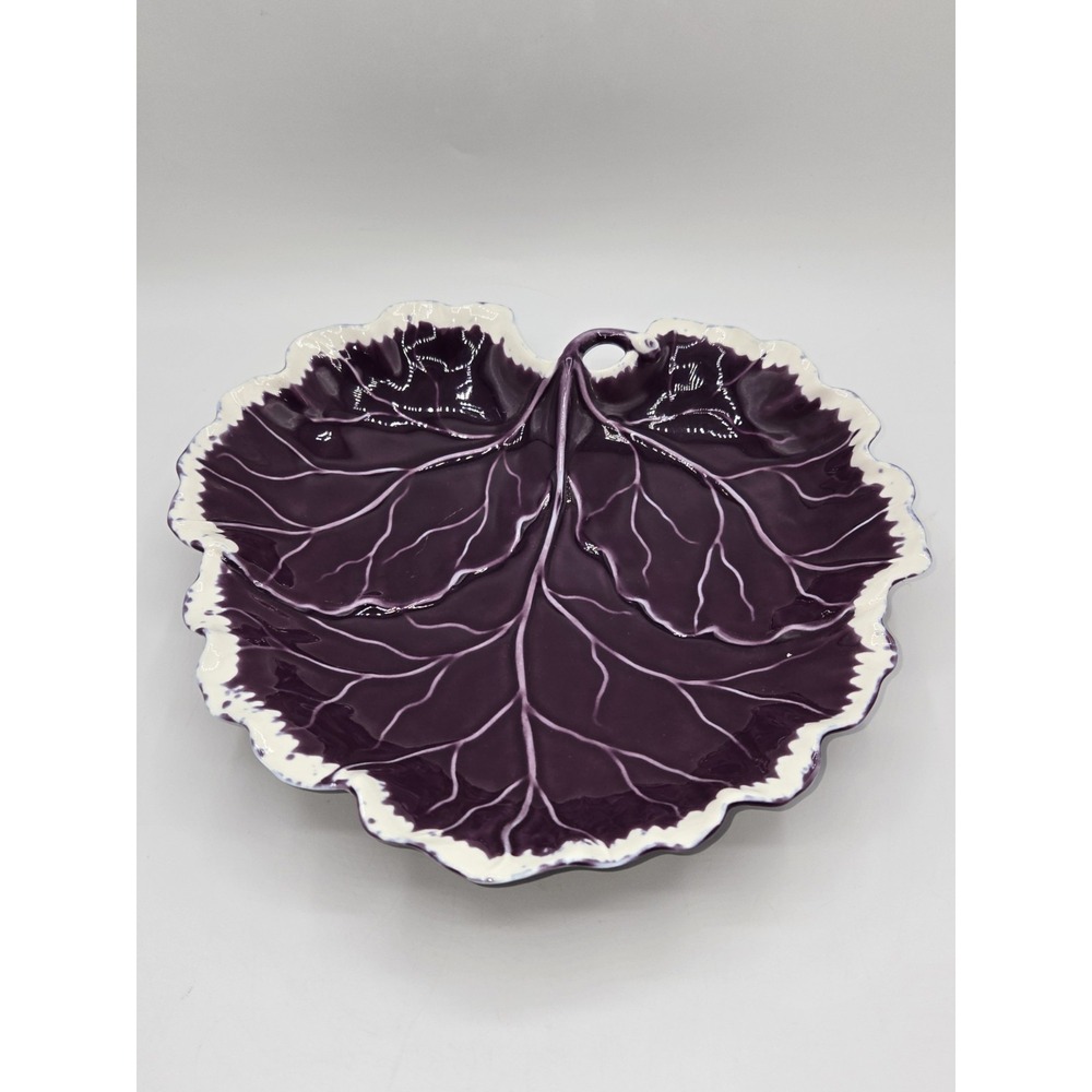 Majolica Cabbage Leaf Serving Bowl Purple Glazed Lobed Dish‎ Bordallo Style